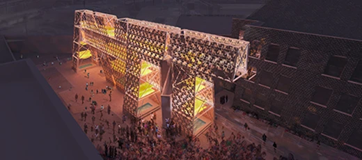 The Party Wall will be ballasted by water bladders called “pillows” which will be filled on site and lit up at night to give the entire structure a luminous glow (Image: CODA)