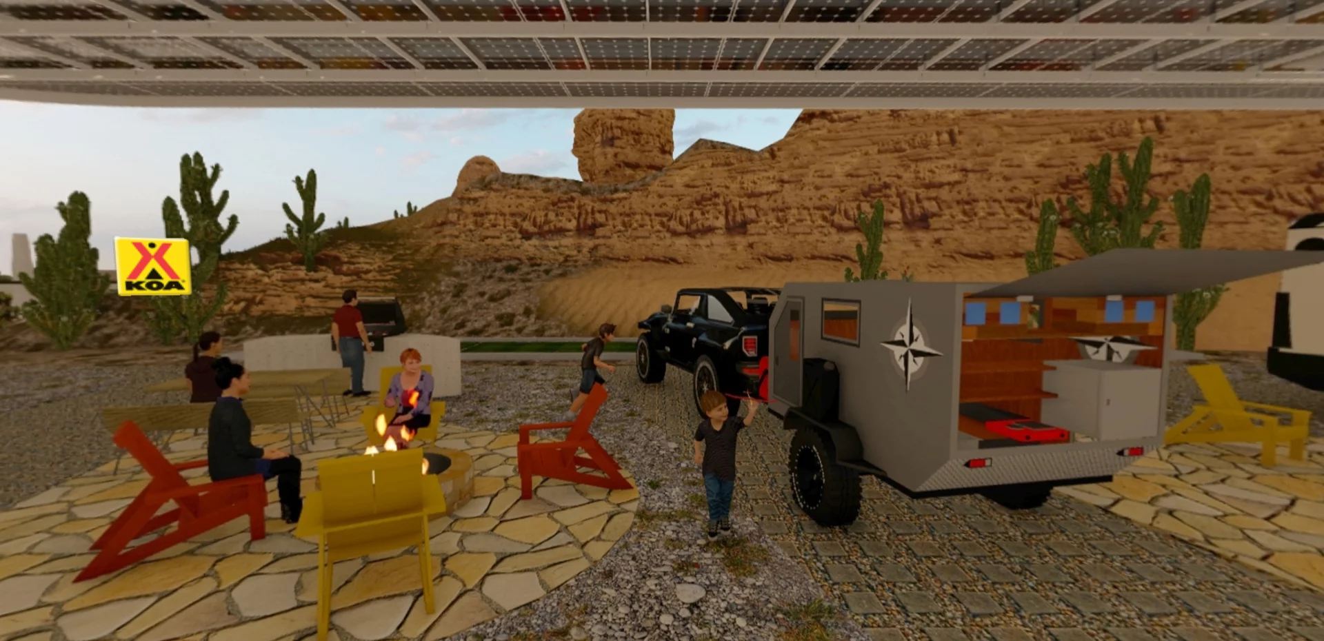 Open-sided shelters deliver some reprieve from the hot desert sun while also harvesting solar energy with rooftop panels