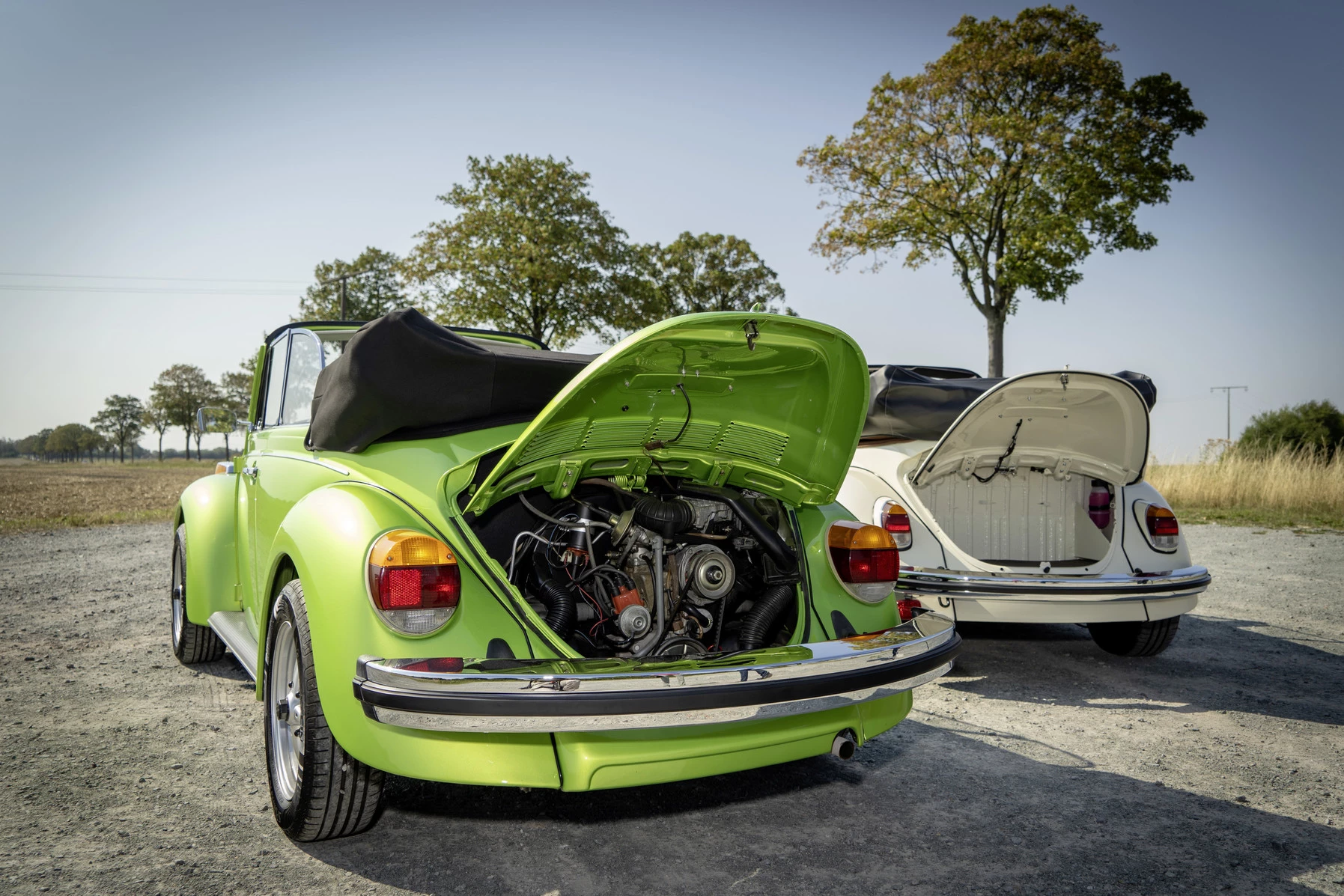 Trunks open, we can see the standard air-cooled engine in the classic Beetle and the storage-ready e-conversion e-Beetle next to it