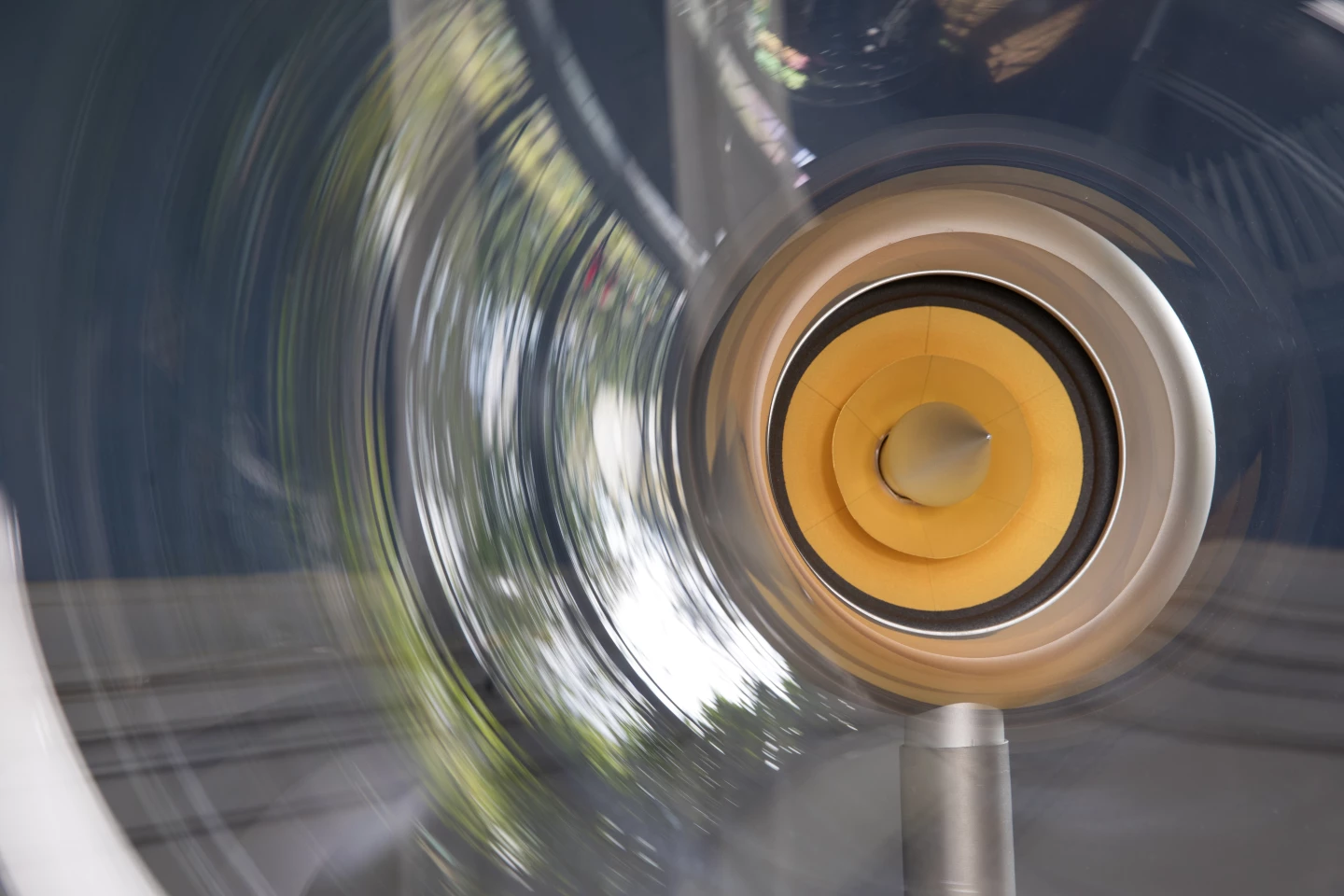 The transparent horn is made from molded acrylic, features a new full-range drive unit and is supported on a dampened steel frame