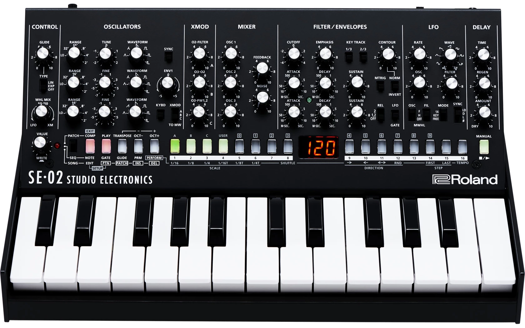 The SE-02 is compatible with Roland's K-25m accessory dock, allowing players to add a 25-key mini keyboard