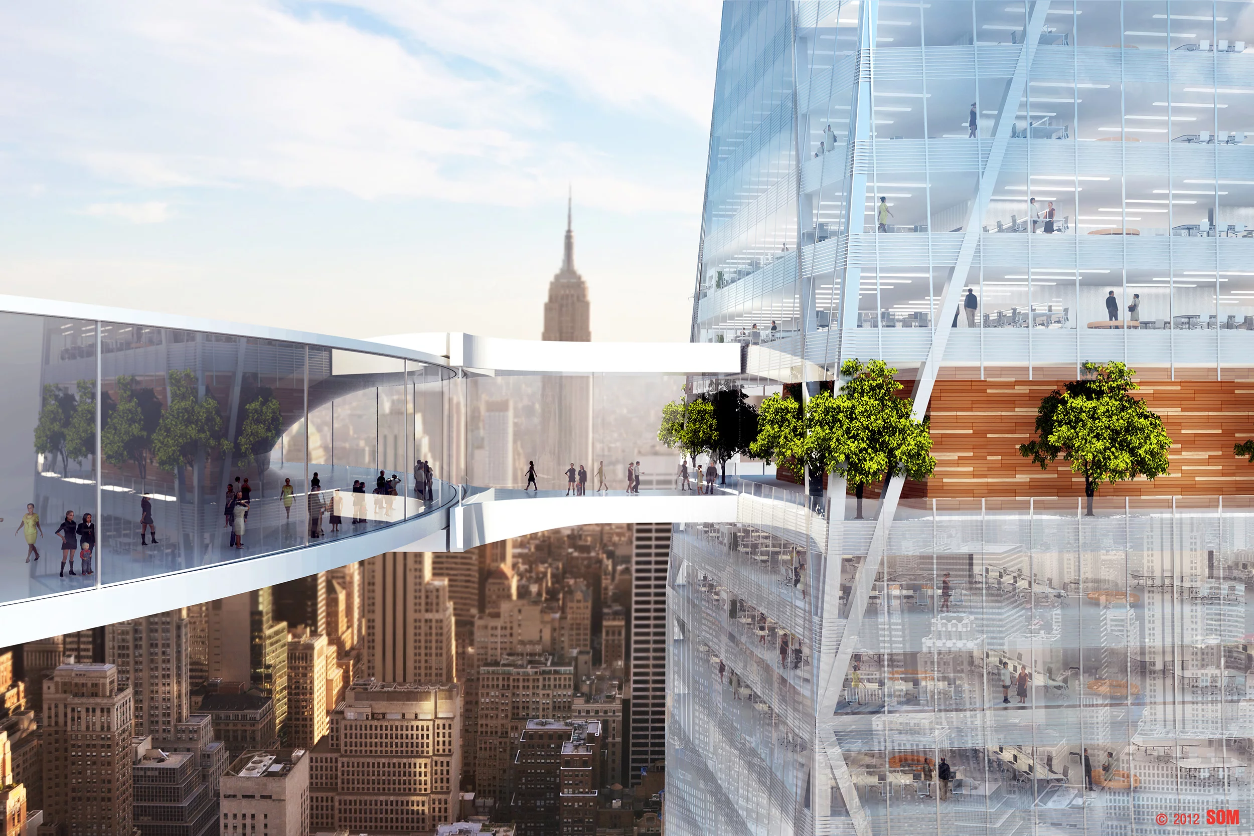Access to the viewing platform from the supporting buildings either side (Image: © 2012 SOM)