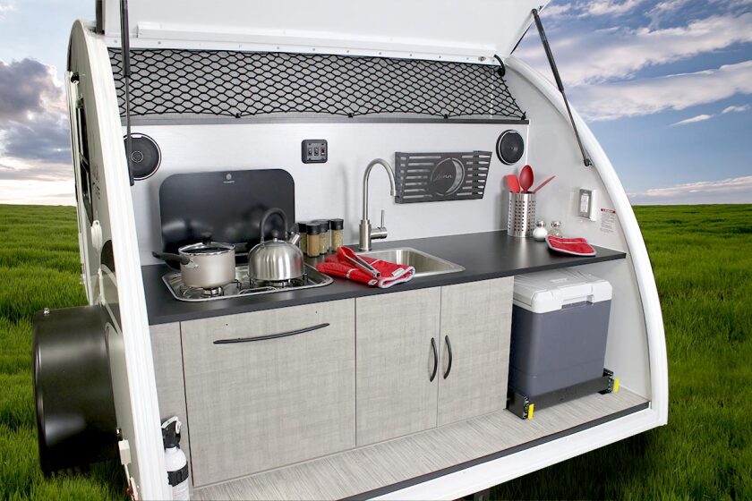 InTech Luna Lite/Rover kitchenette with dual-burner stove, sink and slide-out refrigerator