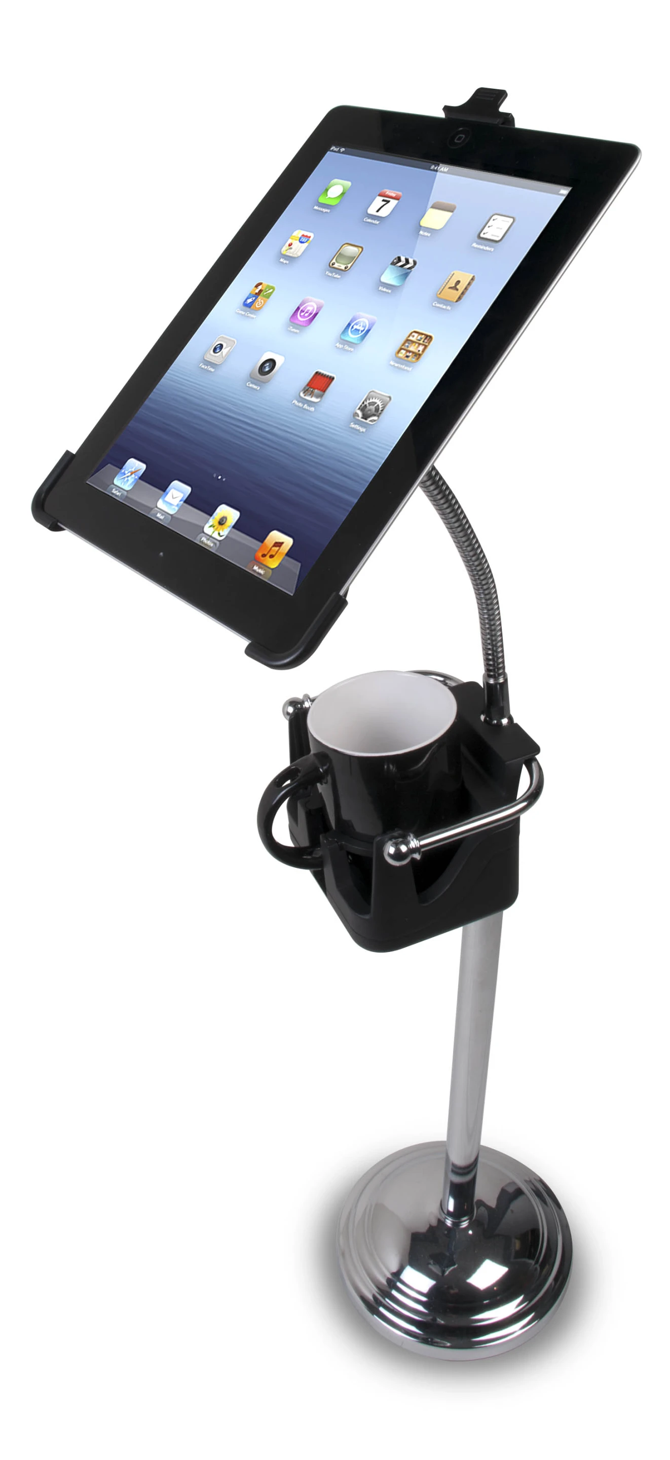 A variation of the Pedestal Stand for iPad, with a cup holder replacing the toilet roll holder