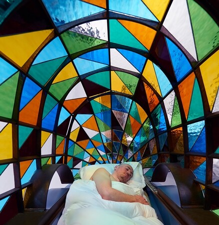 The inside of the Stained Glass Driverless Sleeper Car (Image: Sylvain Deleu)