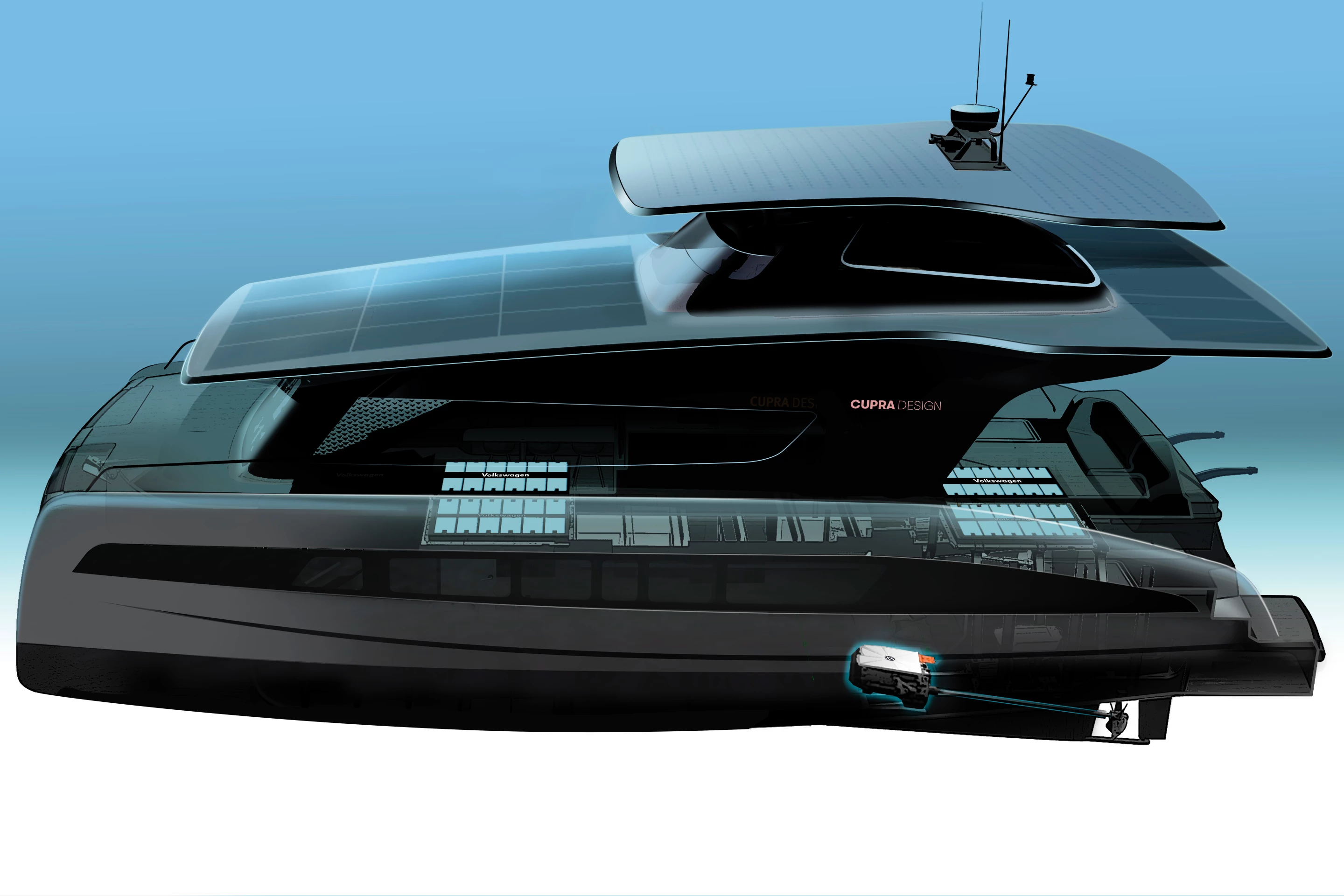 A rendering of Silent Yachts' new Cupra-designed catamaran, with Volkswagen's MEB platform highlighted at the bottom