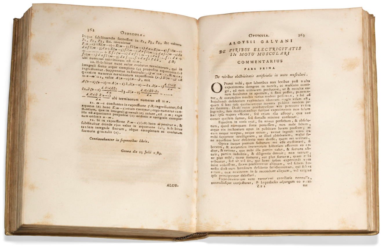 De viribus electricitatis in motu musculari commentarius by Luigi Galvani (1791) | Auction Description | Estimate: $6,330 to $10,128 | Auction Date: July 9, 2019