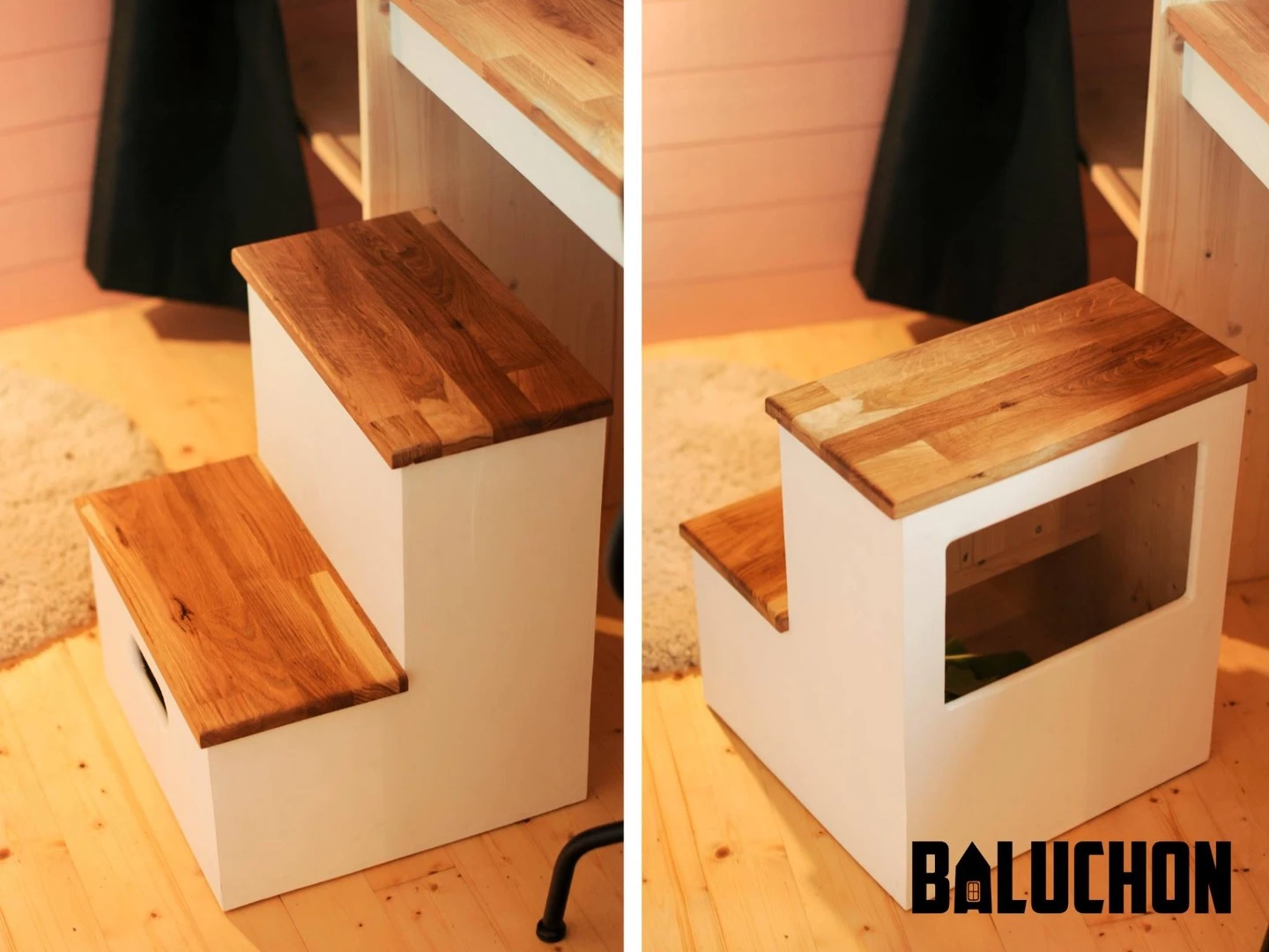 The kids room inside the Calypso includes removable steps that serve as a small toy box