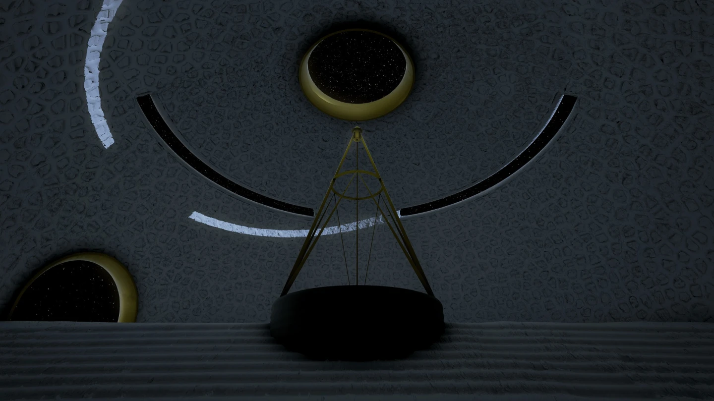 The roof opening and liquid mirror telescope embedded in the floor of the lunar temple