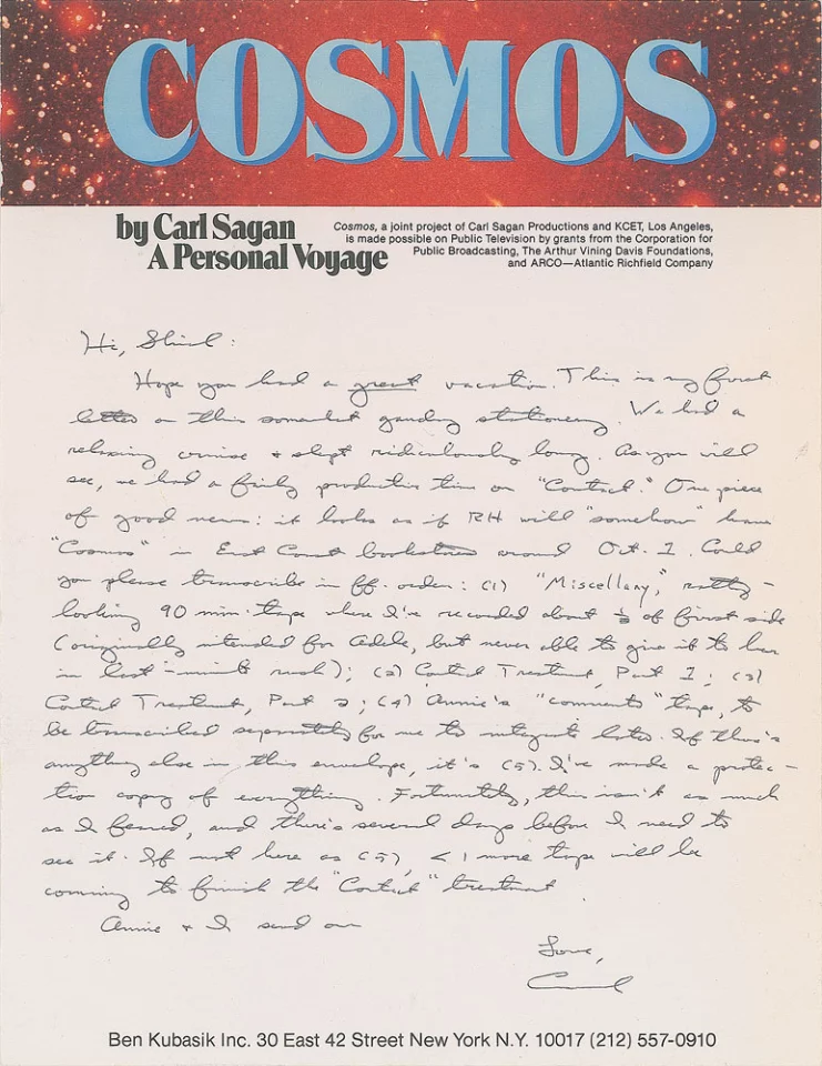 Handwritten letter by Sagan