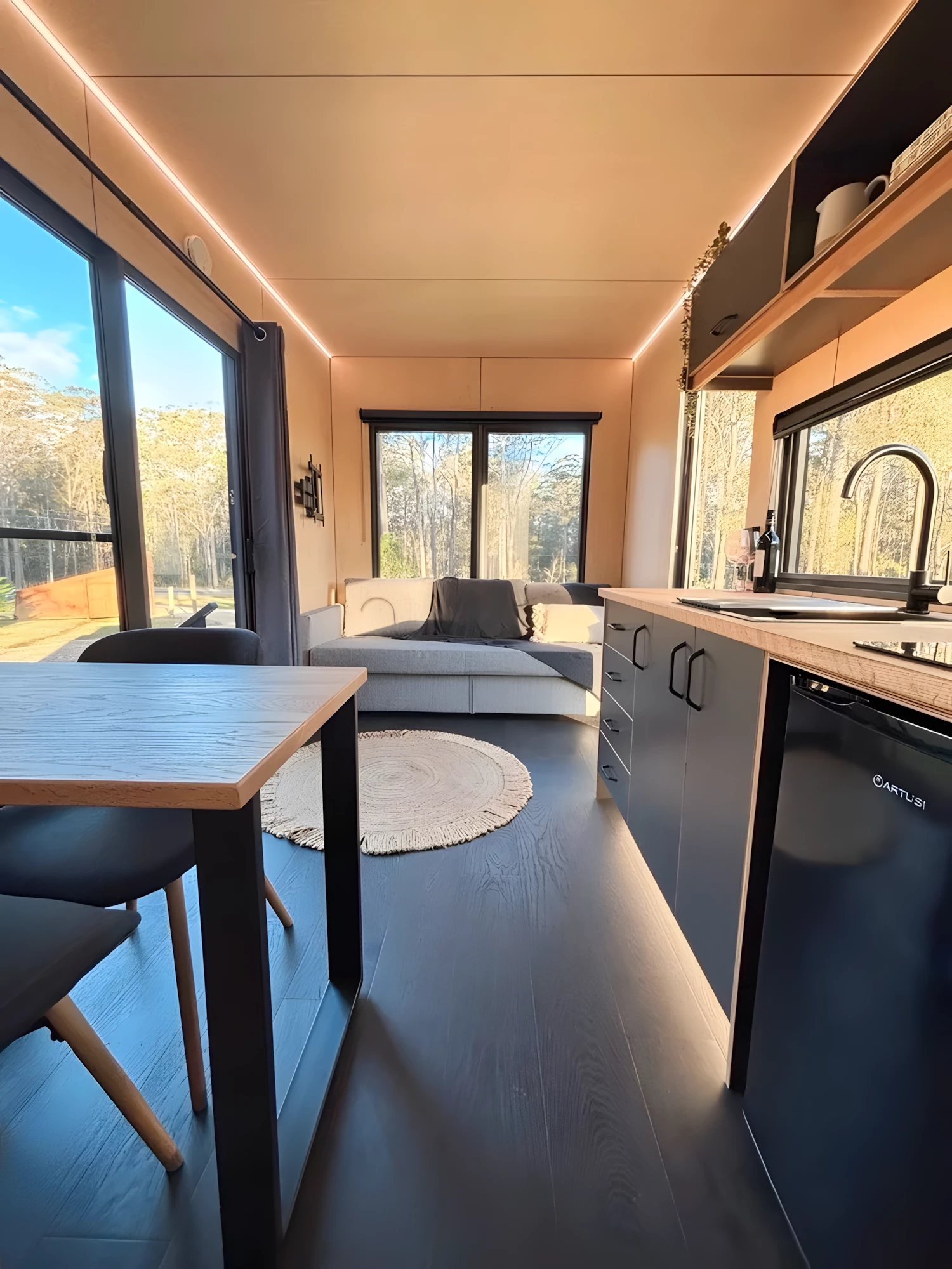 The Chipper BNB's interior looks light-filled thanks to its generous glazing