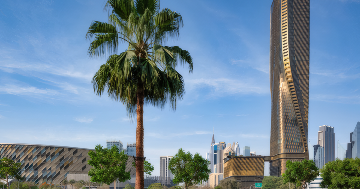Dubai's Wasl Tower features an eye-catching twisting form and reaches a supertall height of 302 m (991 ft)
