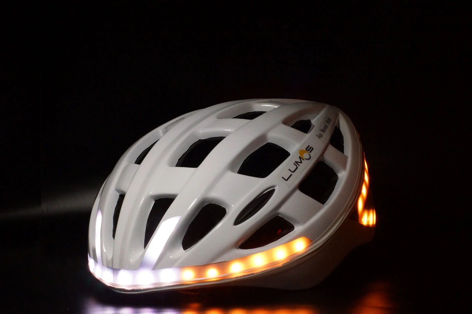 Bright LED turn signals can be viewed from the front and the rear on the Lumos bicycle helmet.