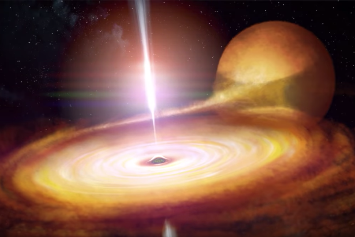 Screen grab from a high-frame rate video depicting violent flares at the heart of a black hole