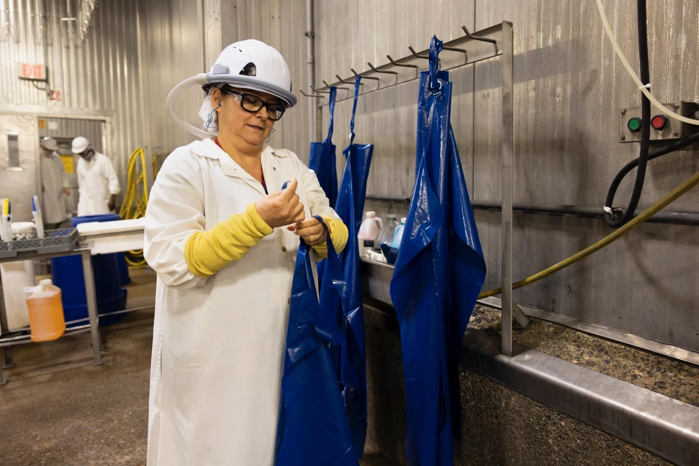Michigan Turkey Producers employee Blanca Chaidez puts the Worker Wearable to the test