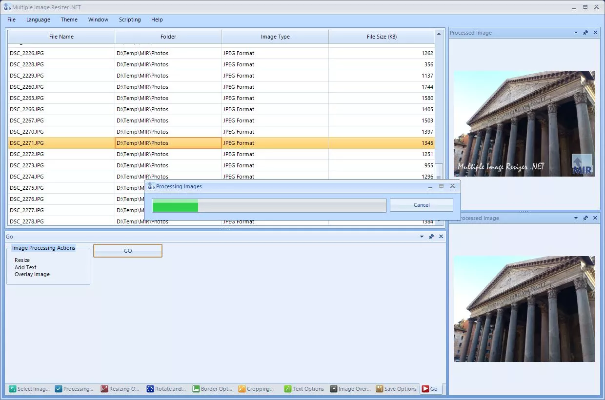 A view of a selection of images being processed