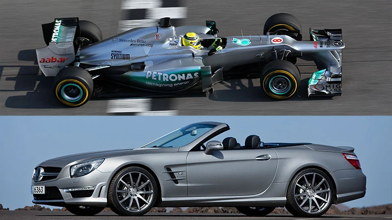 The Mercedes-Benz SL63 AMG and Mercedes AMG Petronas F1 car unveiled together