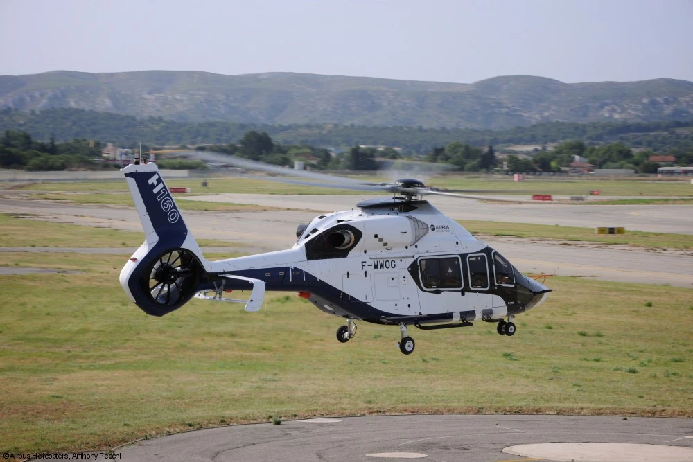 The Airbus H160 being taken on its first flight, at Le Bourget Airport outside of Paris