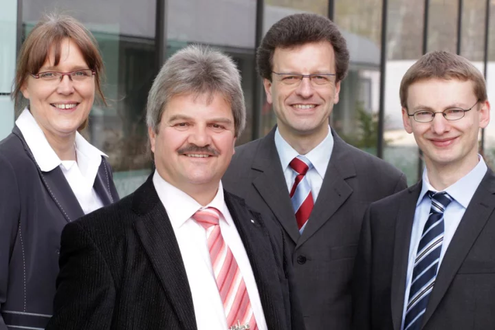 Dr. Simone Kondruweit, Dr. Lothar Schafer, Dr. Markus Hofer, Markus Armgard of IST where the DiaCer coatings and systems were designed (Image: Fraunhofer/Dirk Mahler)