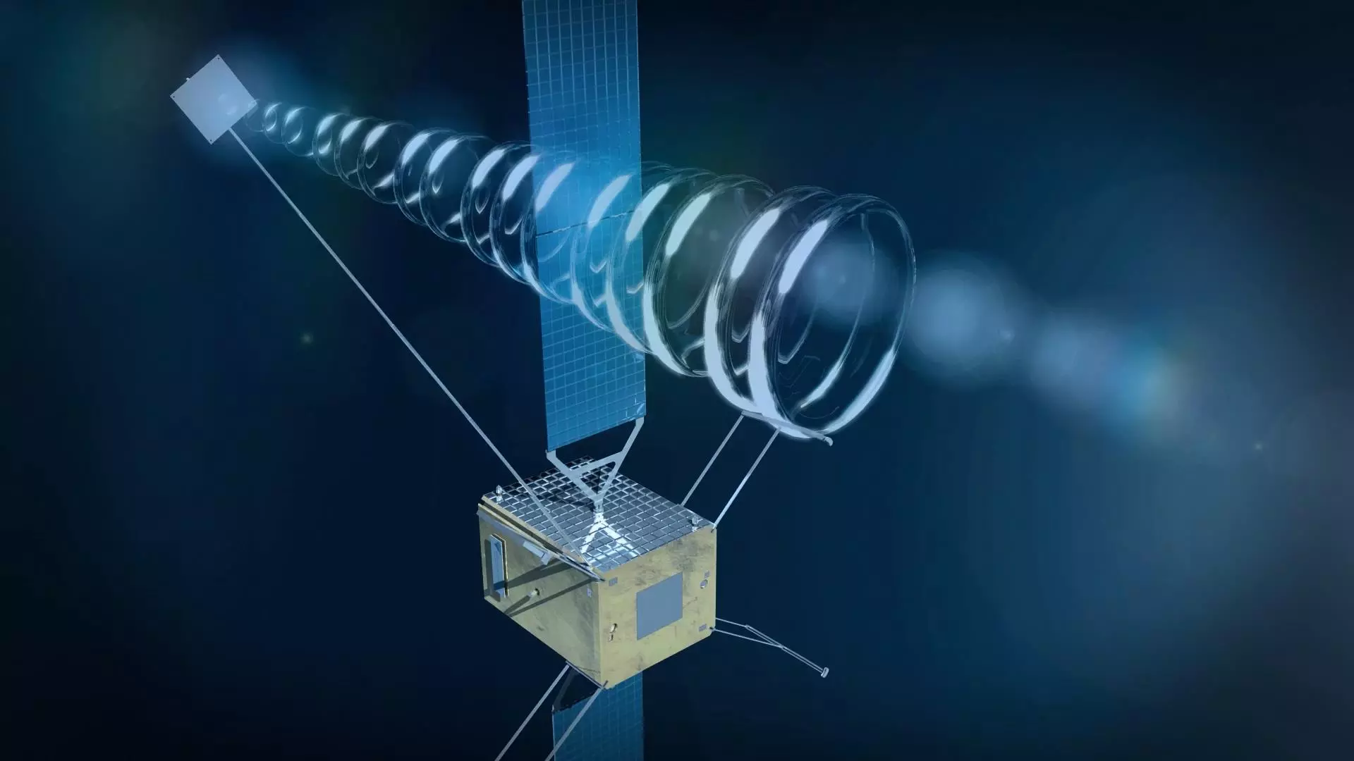 Artist's impresseon of DeOrbiter using radar to guide it to target