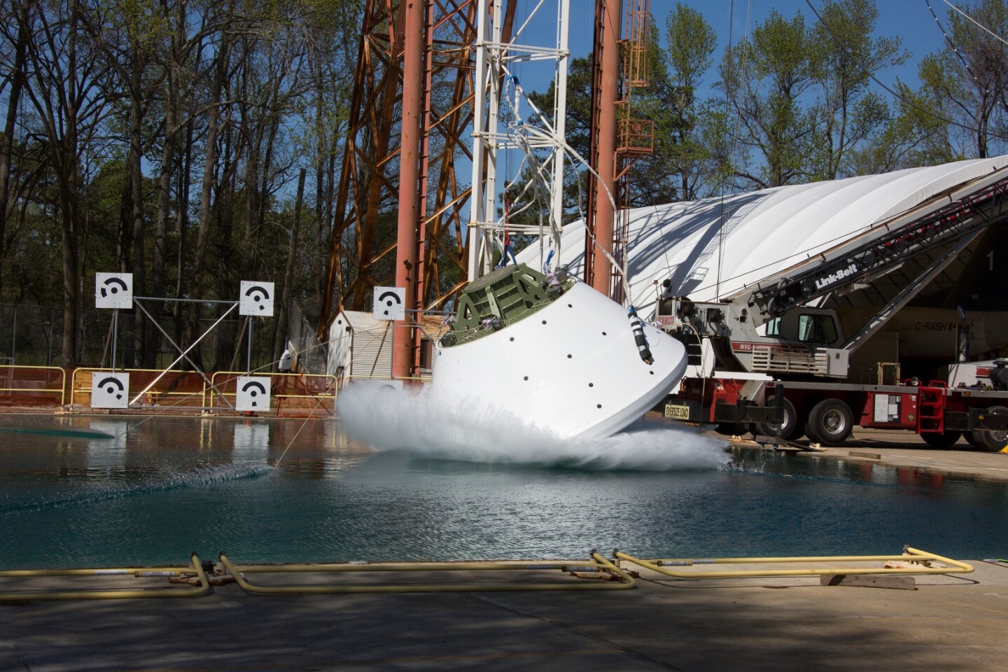 A full-size mock Orion spacecraft imaged during the first drop-test session