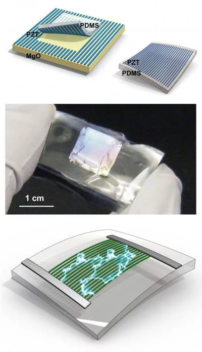 The top image shows the process piezoelectric nanoribbons are peeled off a host substrate and placed onto rubber. The middle image is a photograph of the piezo-rubber chip. The bottom image is a schematic of the energy harvesting circuit, which generates power when it's bent (Image credit: Michael McAlpine/Princeton University)