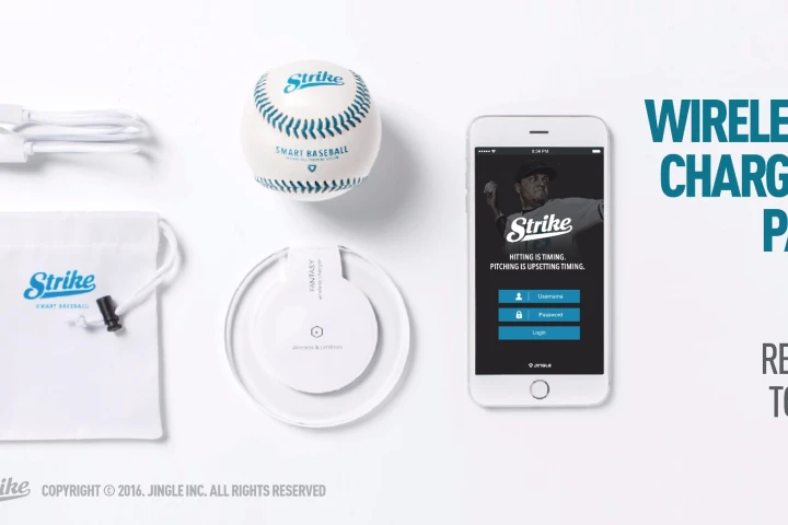 The Strike smart baseball, with its wireless charging pad and app