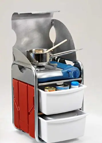 The cooking module has a gas grill and storage space