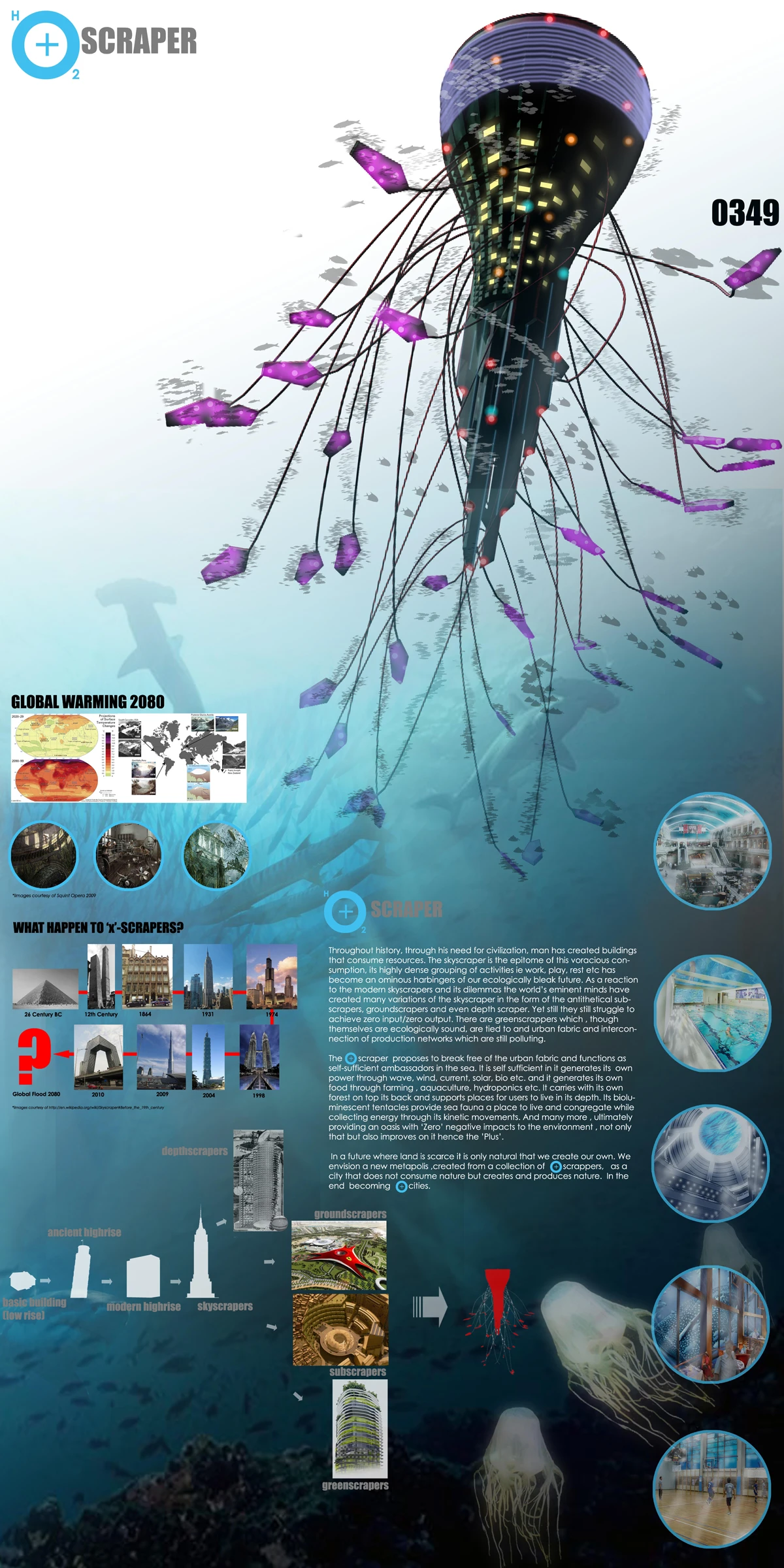 The h2O scraper is a conceptual multi-dwelling building that would float with its top level on the surface of the sea, and the rest dangling down into the water below