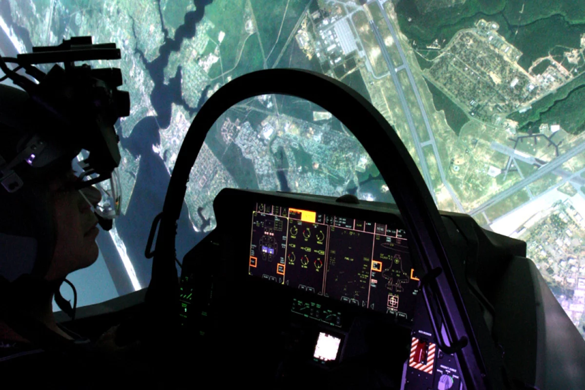 The F-35 Lightning II Full Mission Simulator includes a high-fidelity 360-degree visual display system and a reconfigurable cockpit