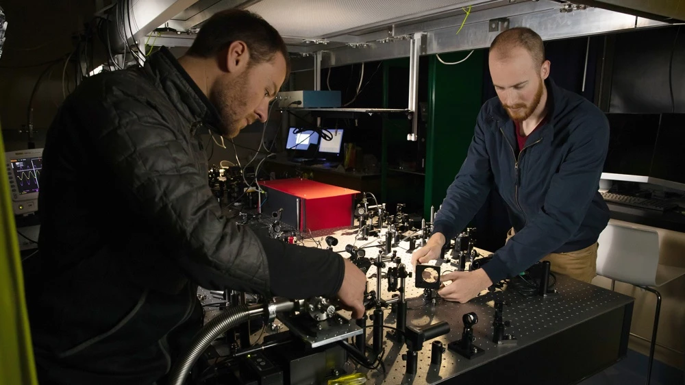Scientists in the Alemán Lab work on the bolometer