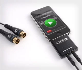 The MIDI Mobilizer plugs into the 30-pin connector of an iPhone or iPod Touch, then to a MIDI device (such as a keyboard or effects unit) via a Planet Waves cable