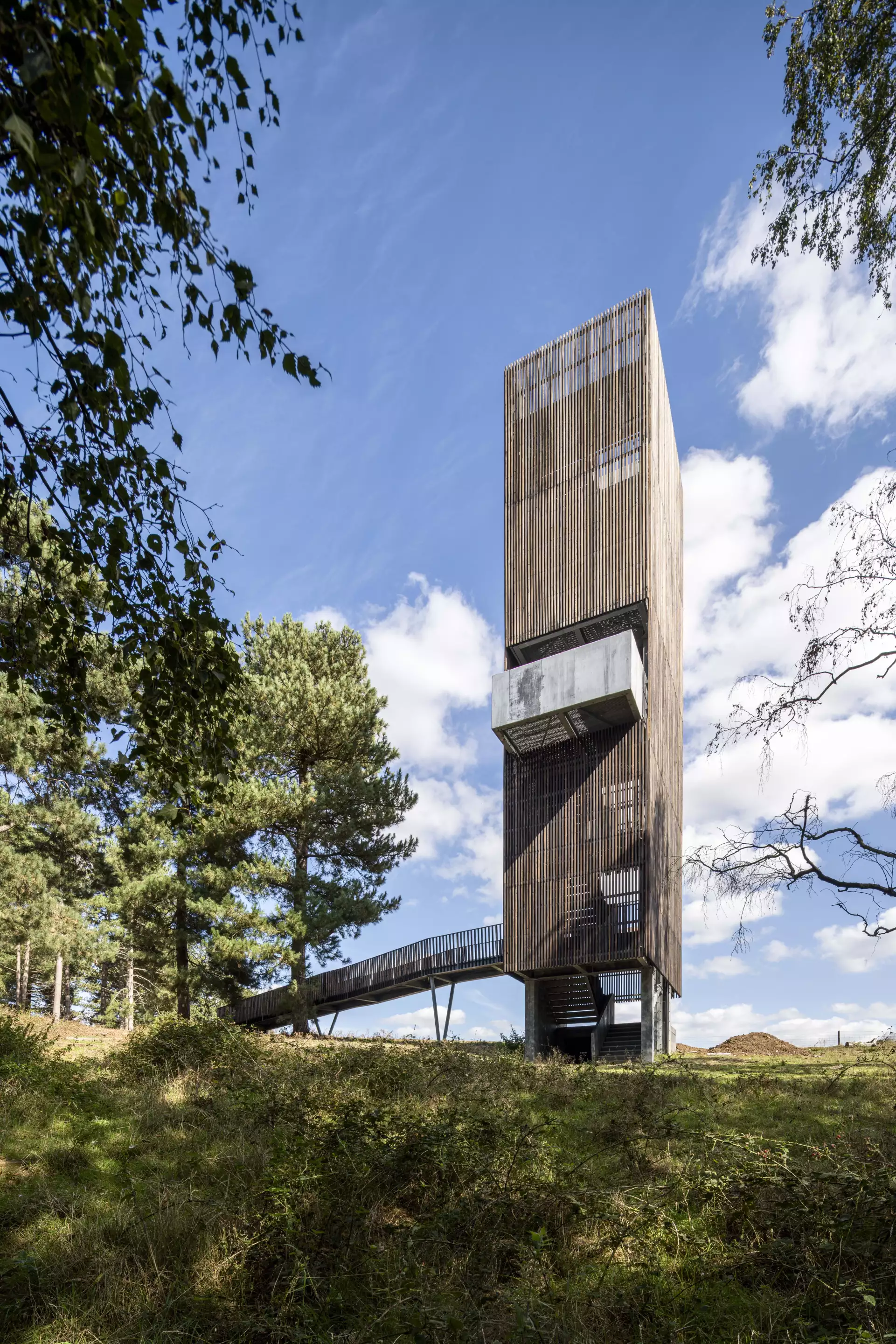The Sutton Hoo tower was designed by Nissen Richards Studio and is located in Woodbridge. It creates an observation tower in the archeologically important site