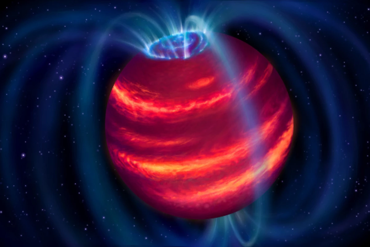 Artist's impression of the super planet Elegast, with the blue loops depicting magnetic field lines