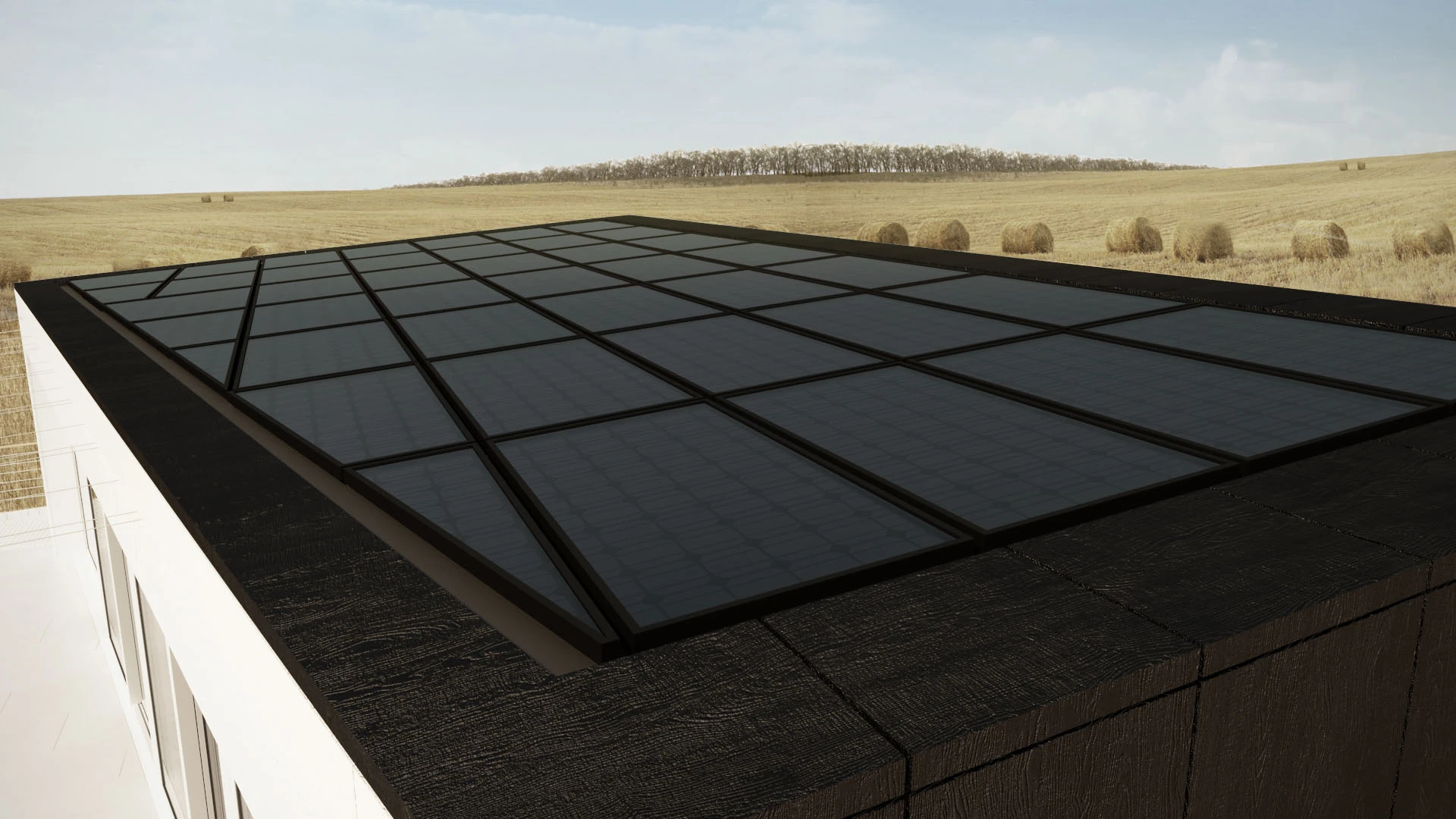 During the summer months when the sun is high, solar energy is produced by the roof panels