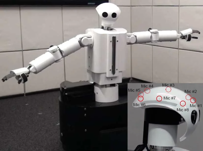 Honda's HEARBO robot dances, and (inlaid) a close-up of its head with the position of its microphones