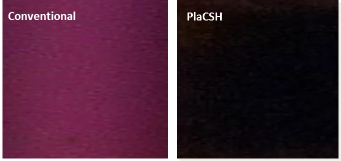 A comparison of sunlight reflected off a conventional organic solar cell and one using PlaCSH