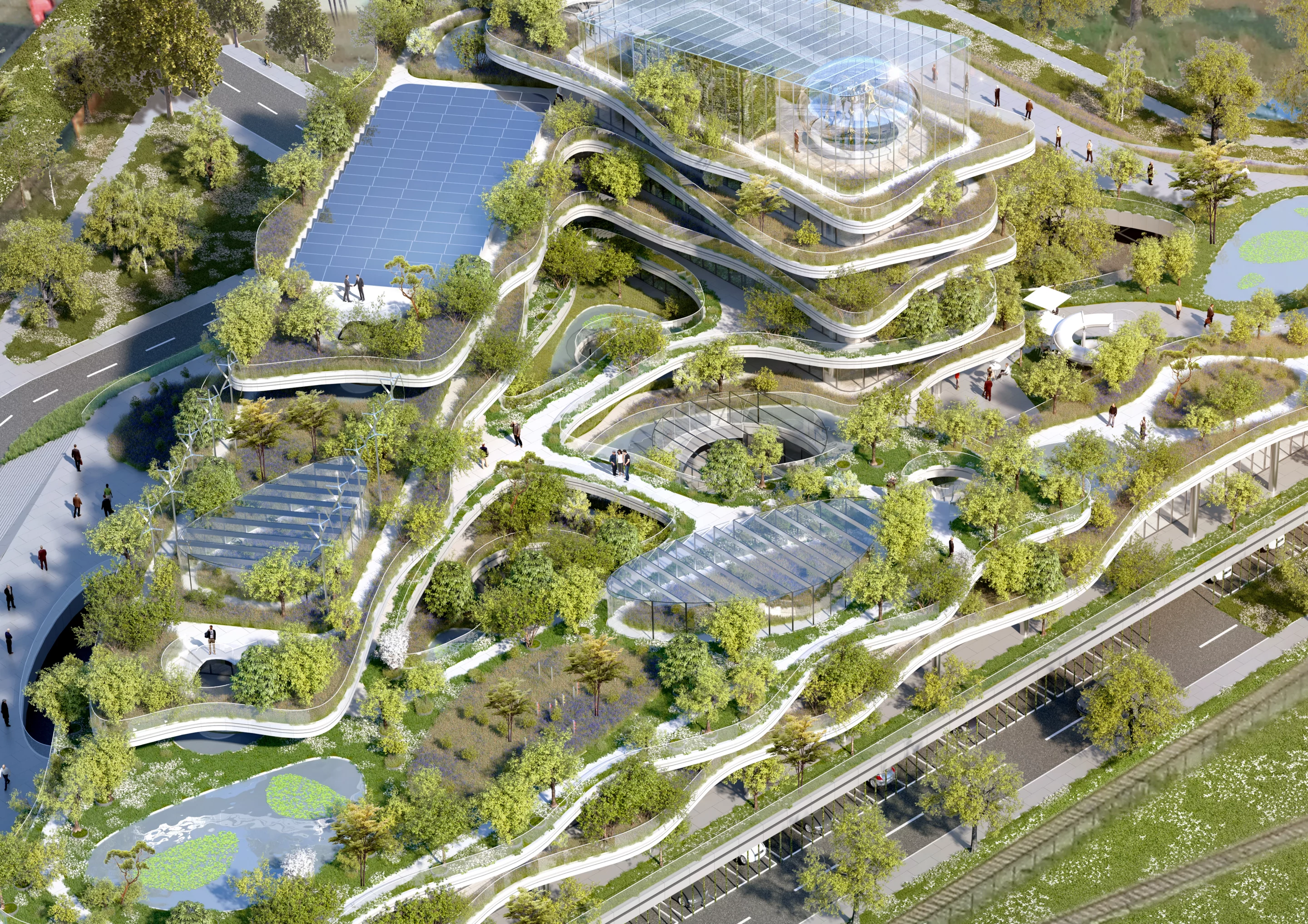 The actual design of the HQ is inspired by a rice field's terraces