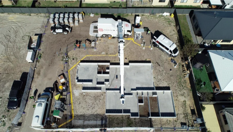 Bird's eye view of the Hadrian X bricklaying robot in action