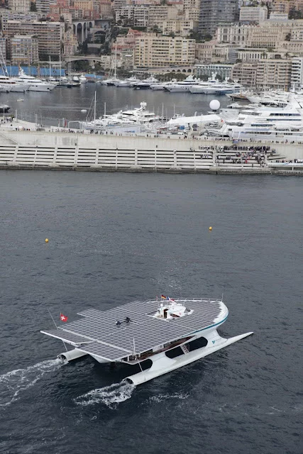 The TURANOR PlanetSolar, as it enters Monaco's Hercule Harbor