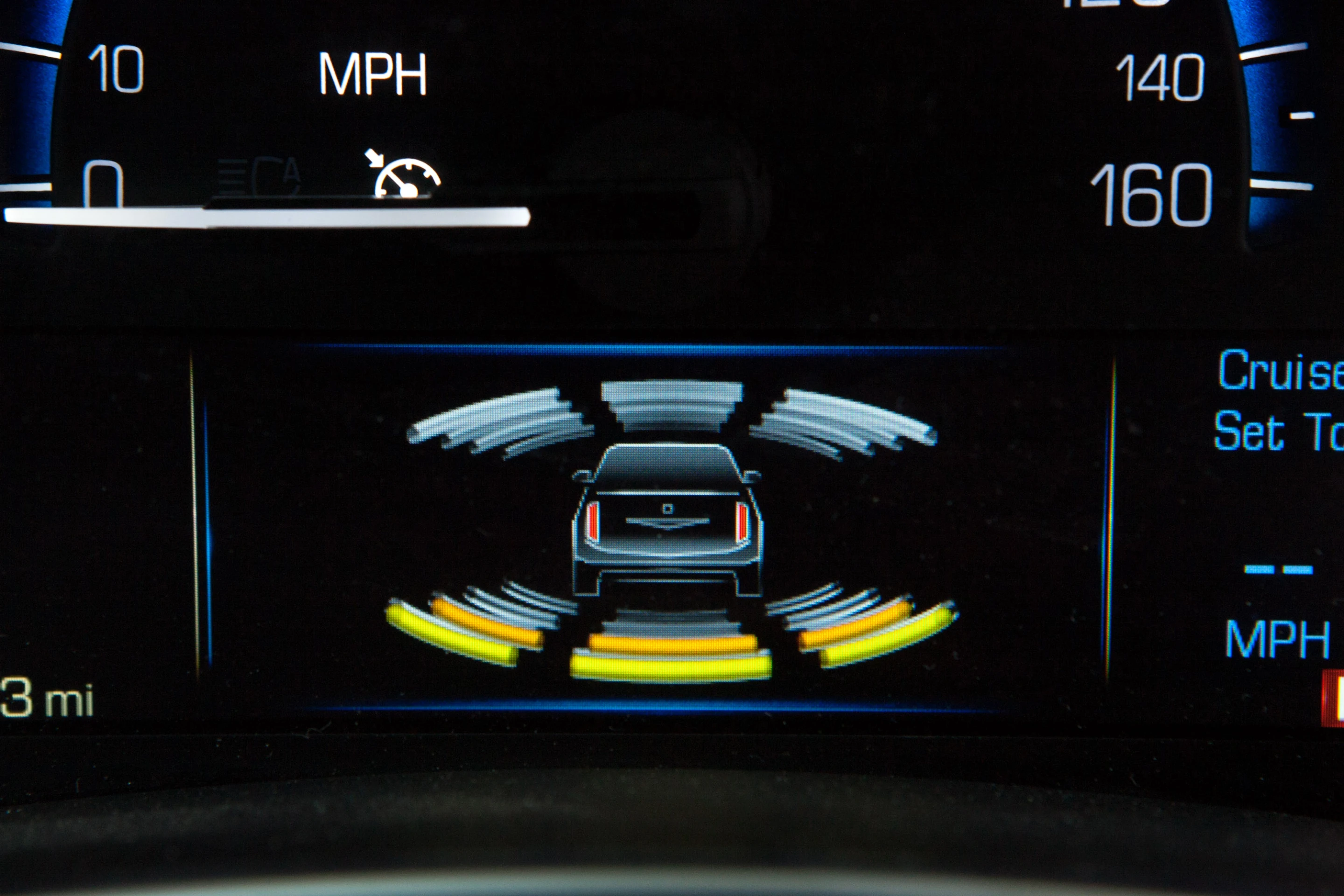 A graphic interface in the gauge cluster provides warning when an object is detected in the vehicle's path (Photo: © General Motors)