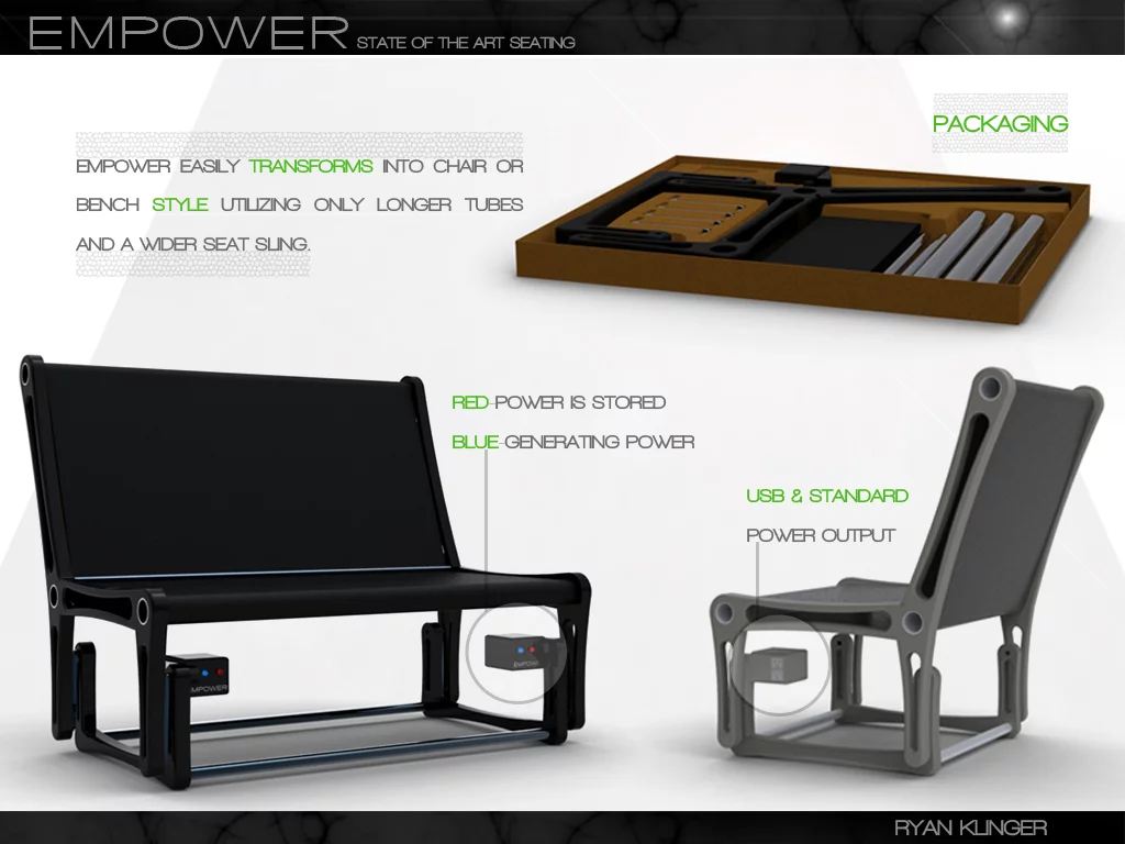 The Empower chair comprises a flat-pack chair of tubes and a sling seat that folds out to a bench-style glider seat