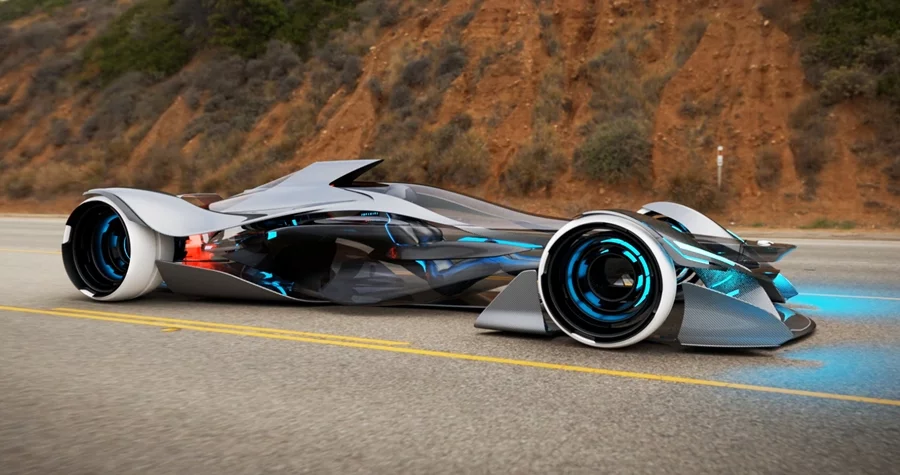 The Synaptiq's lights glowing on the road