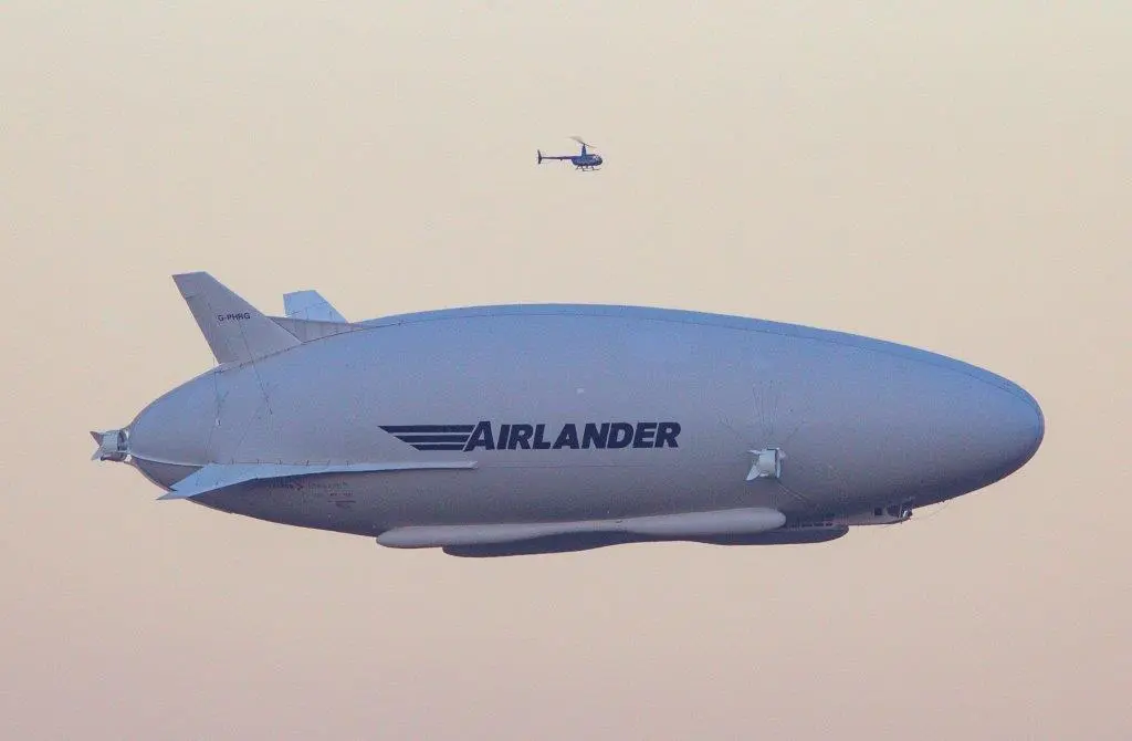 The Airlander 10 and a helicopter escort