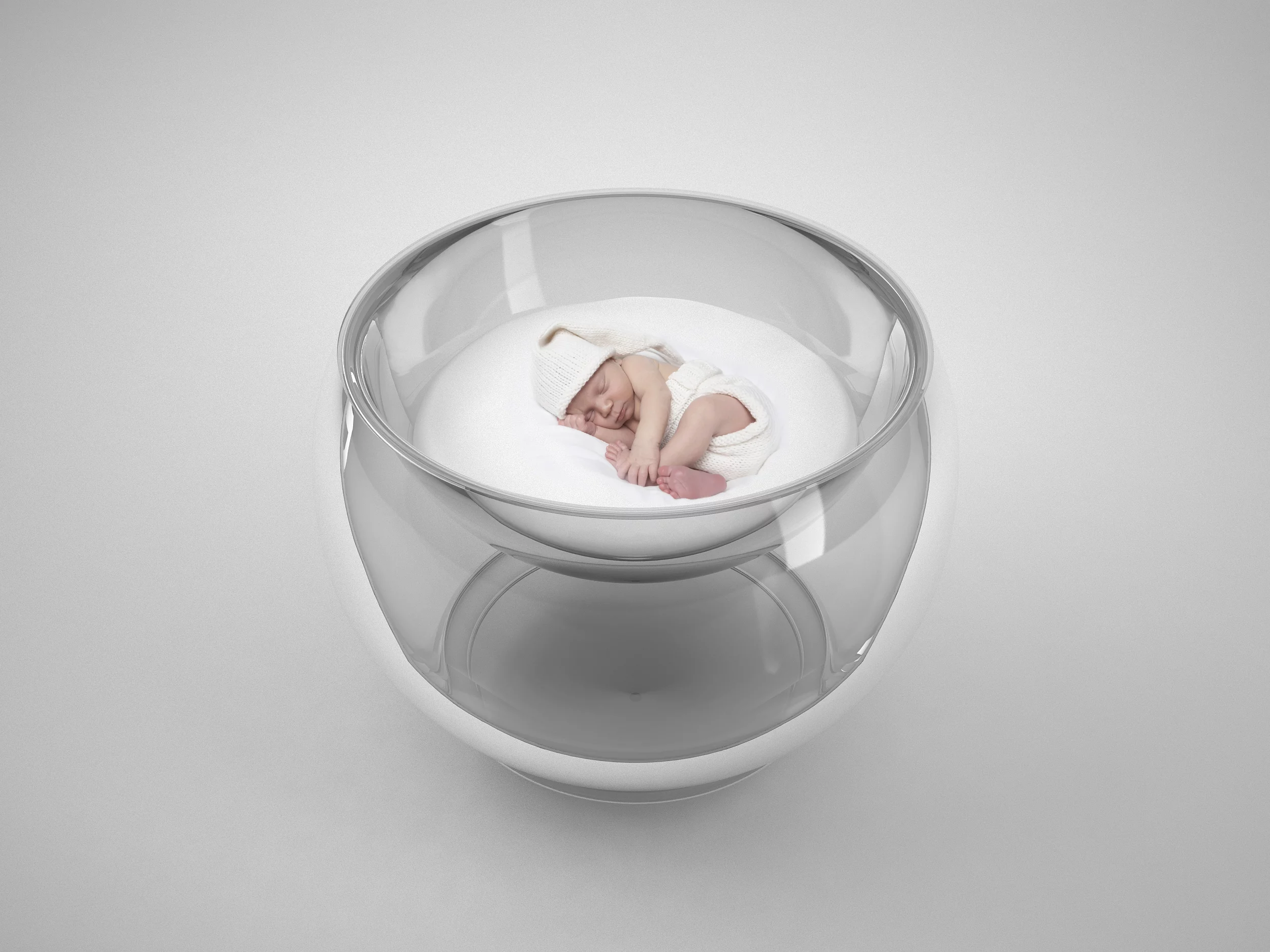 Bubble Baby is a vacuum-thermoformed and blow molded acrylic baby bed which was inspired by a traditional Russian tumbler-toy called a Nevalyashka