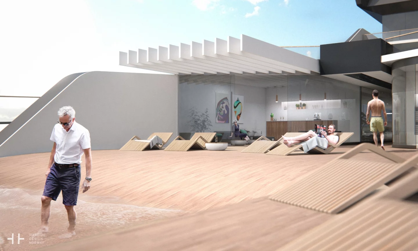 The stern slopes into the water for a fluid look