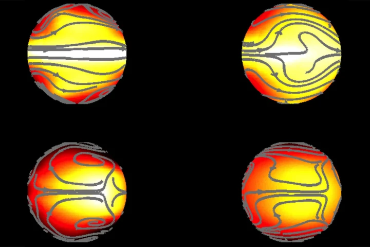 Graphic displaying the atmospheric processes at work on a simulated exoplanet with a surface friction similar to Earth (on the left) and with 10 times Earth's friction value (right)