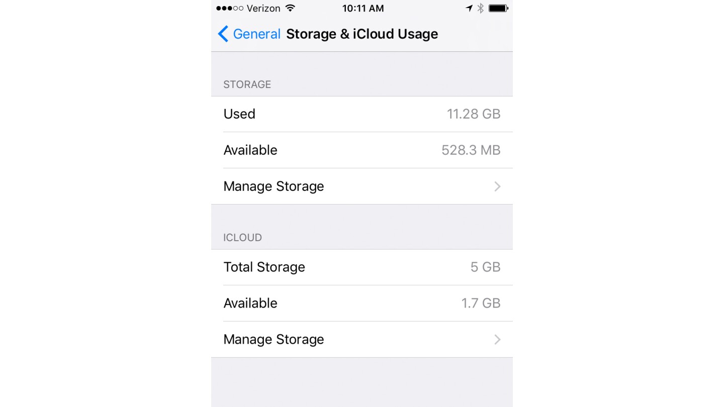 iOS devices have varying levels of built-in storage; Apple IDs come with 5 GB of free iCloud storage (Settings > General > Storage & iCloud Usage)