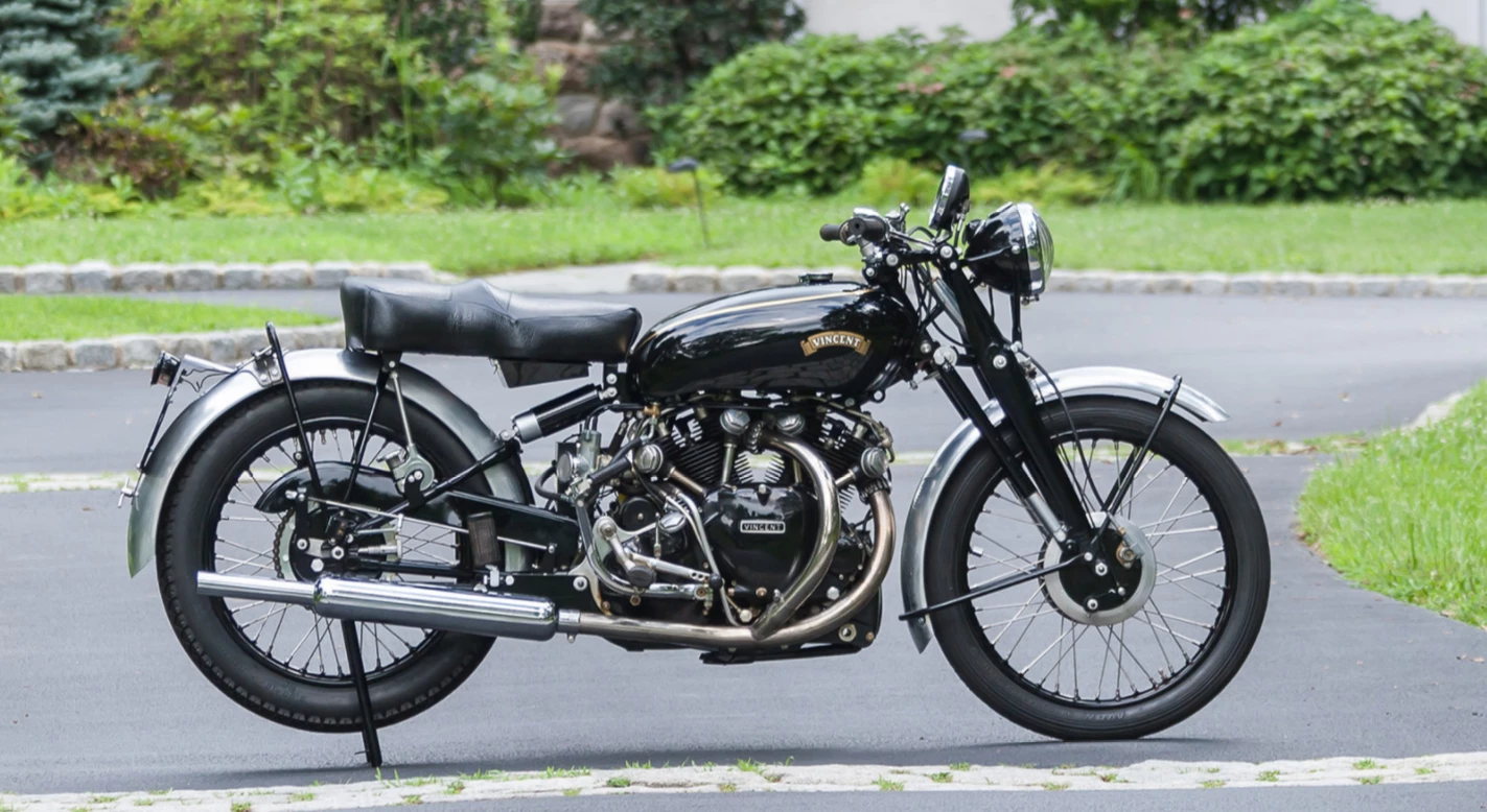 This bike is fully-restored, matching numbers 1951 Vincent Series C Black Shadow with an engine rebuild by Vincent expert Rip Tragle, and a long Vincent Owner's Club history. Vincent is the marque with by far the most motorcycles in the top 250 motorcycles ever sold and this is the most common Vincent model in the top 250, ready to ride as new. It failed to meet reserve on a conservative estimate of $110,000 to $135,000 High bid $98,000. Official Auction Description