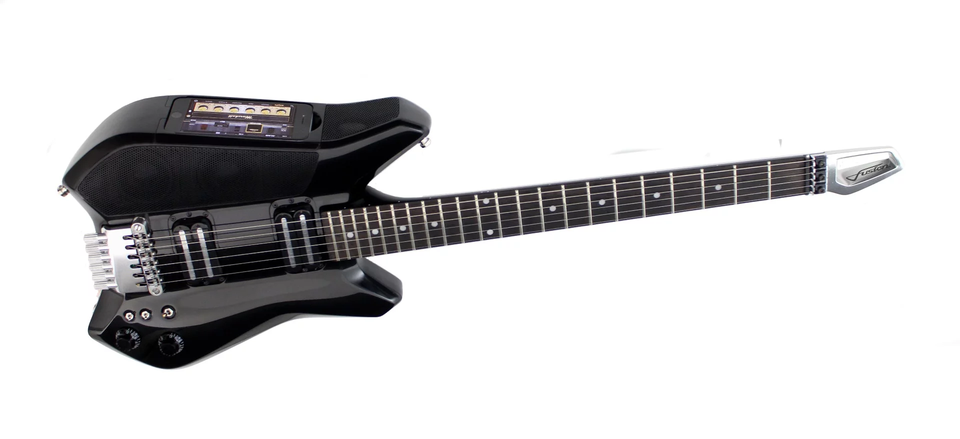 The Fusion Guitar boasts interchangeable docks, making it currently compatible with iPhone 5 and 5S, and 6 and 6S, as well as the fifth generation iPod touch, with a future proof promise from the makers to support upcoming generations of Apple devices